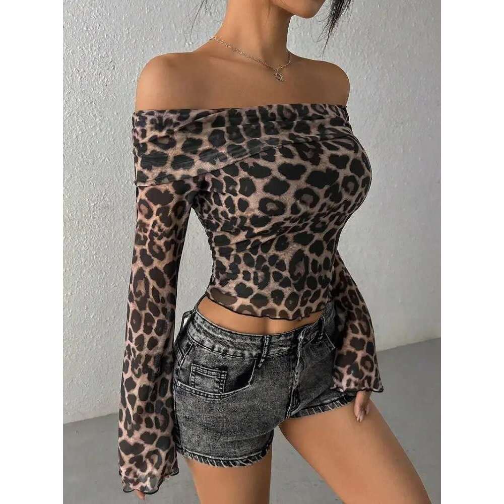 Lygens Leopard Print Long Sleeve Mesh Ruched Slim Crop Tshirt Top Casual Clothes Sexy Y2K Streetwear Manufacturer