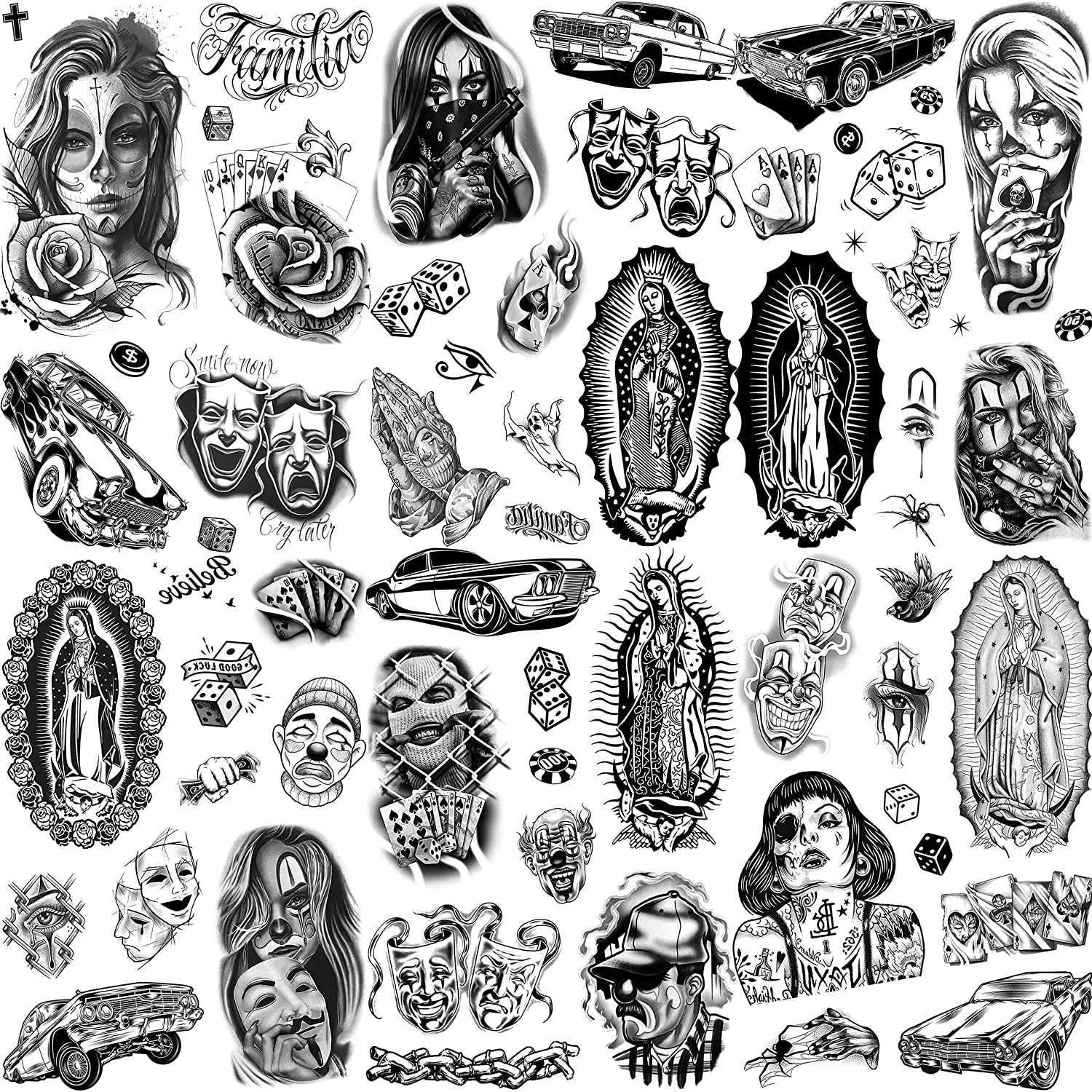 6 Chicano Adult Female Temporary Tattoos Chicana Guadalupe Gangster Fake Tattoos Halloween MexicoXJ25414