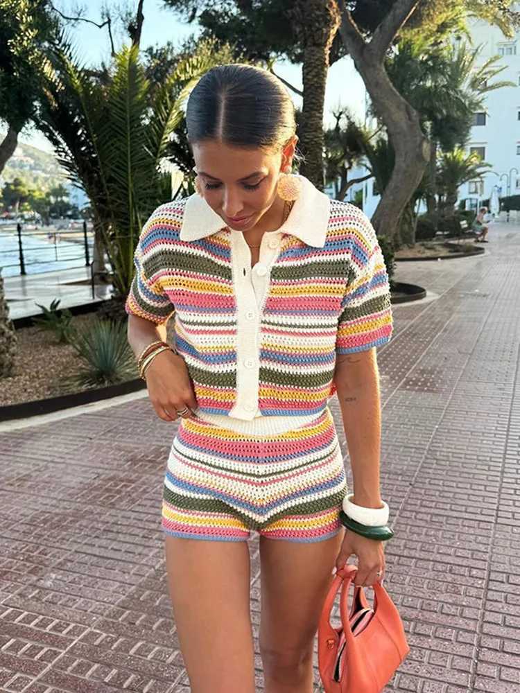 2025 New Fashion Stripe Knitted Hollow Shorts Set Fashion Womens Button Down Collar Loose Shirt Set Casual Womens Vacation SetXJ250414