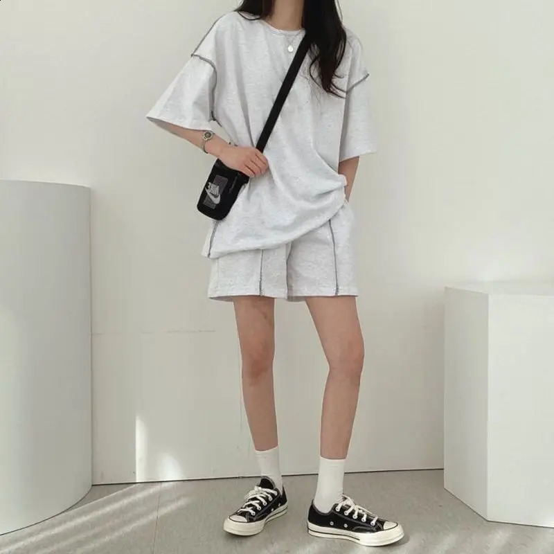 Woman Tracksuits Cotton Comfortable Solid Splicing Casual Sports Suits Summer 2021 New Fashion Loose 2 Pieces Sets Sportswear 250414