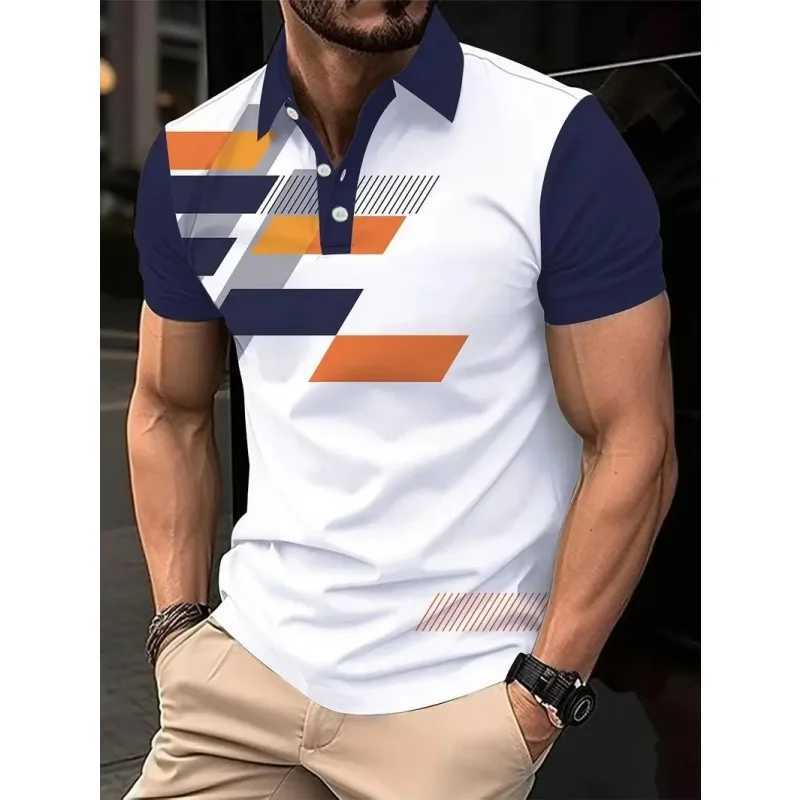 3D printed color geometric polo shirt mens color block graphic short sleeved T-shirt casual button top loose polo shirt W250414