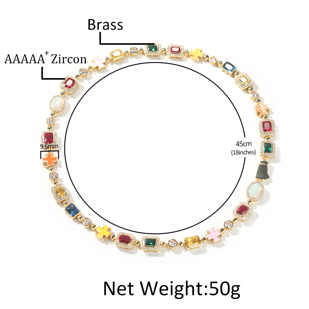 High Quality Hip Hop Colored Gemstone Cross Tennis Chain Necklaces Bracelet Men Women Jewelry