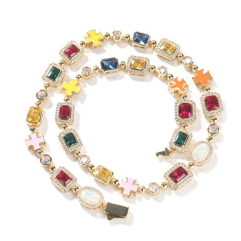 High Quality Hip Hop Colored Gemstone Cross Tennis Chain Necklaces Bracelet Men Women Jewelry
