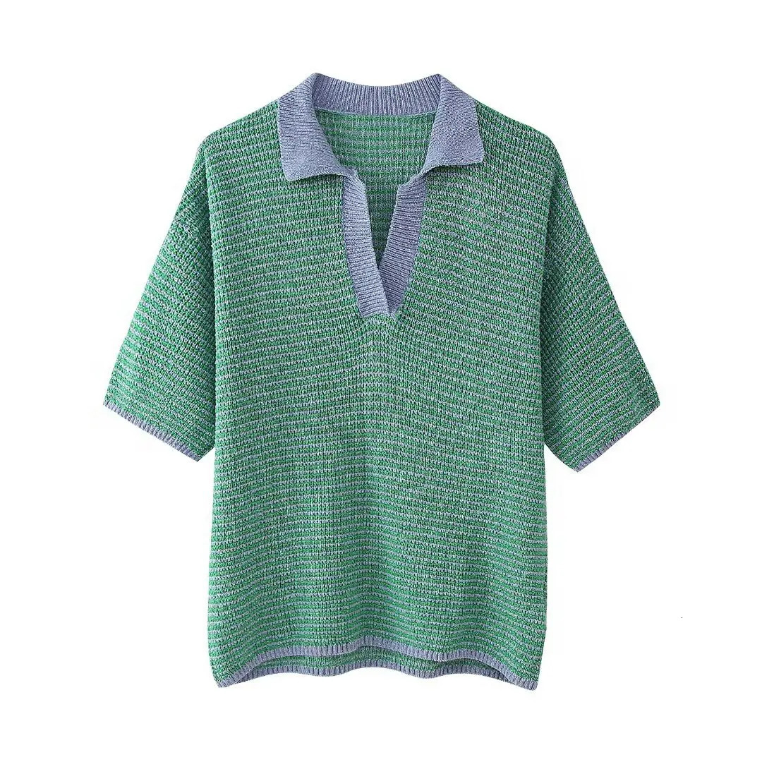 Womens casual knitted polo shirt patchwork colors collar solid short sleeved T-shirt top spring summer 250410