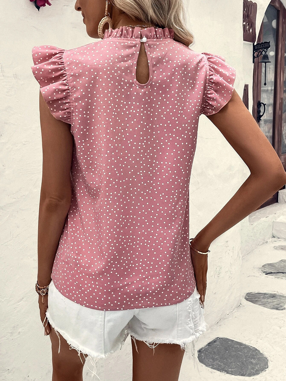 2025 women's ruffled polka dot sleeveless printed fresh and sweet shirt top