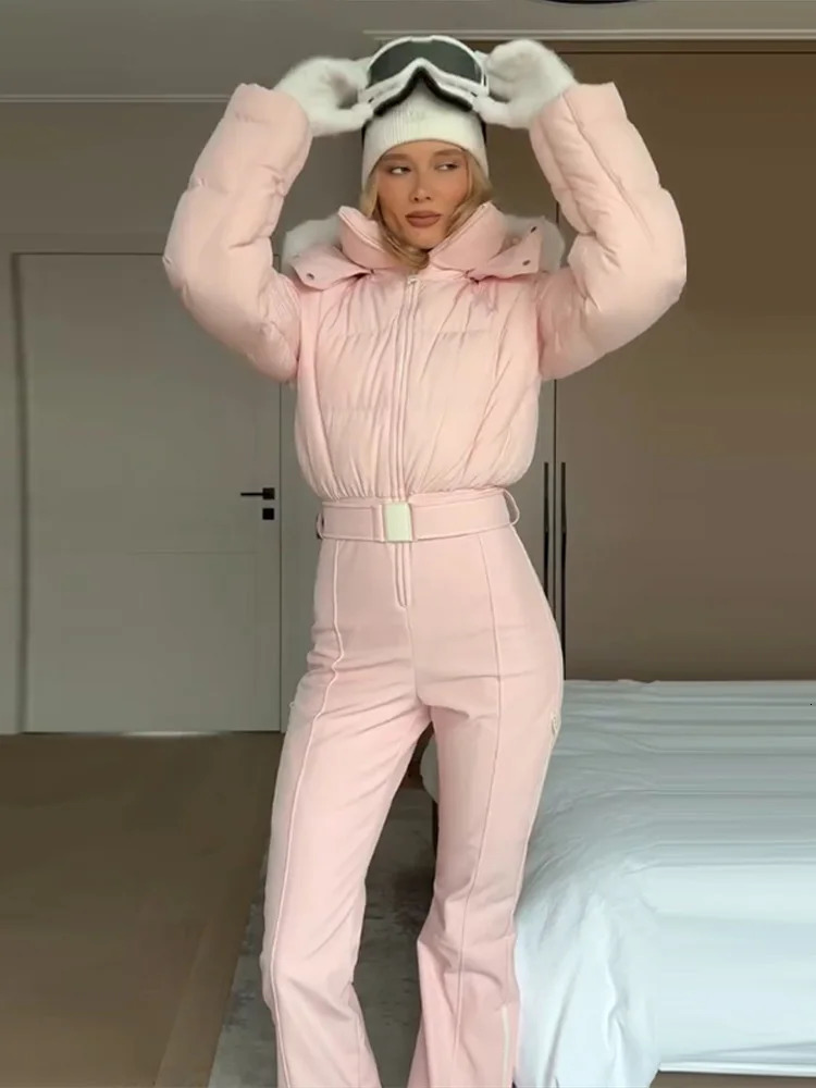 Cotton Padded Jumpsuits Skiwear Parka Women Hooded Zipper High Waist Warm Female Jacket Snow Winter Outdoor OnePiece Overalls 251114