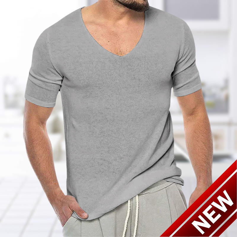 Mens thin V-neck solid color knitted shirt summer short sleeved knitted T-shirt