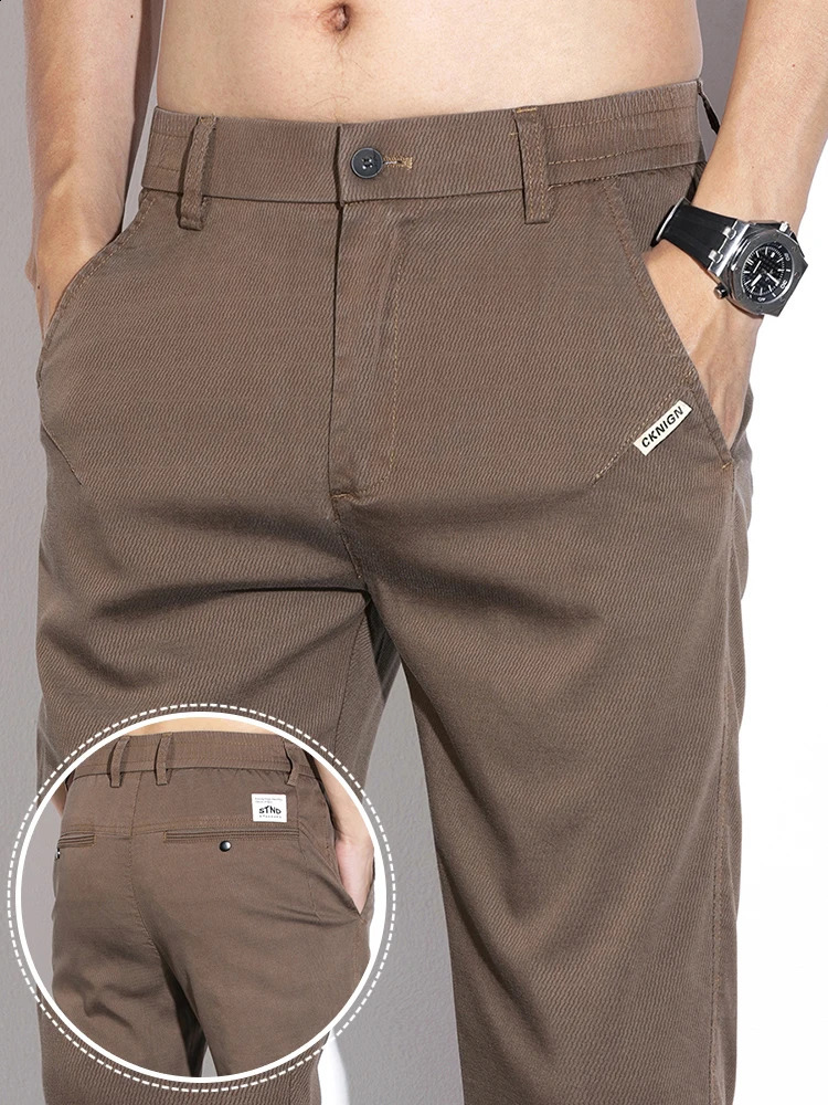 Ultra thin mens pants spring summer straight casual pants Lyocell fabric fashionable ultra-thin elastic Korean Trouser solid color item 250410