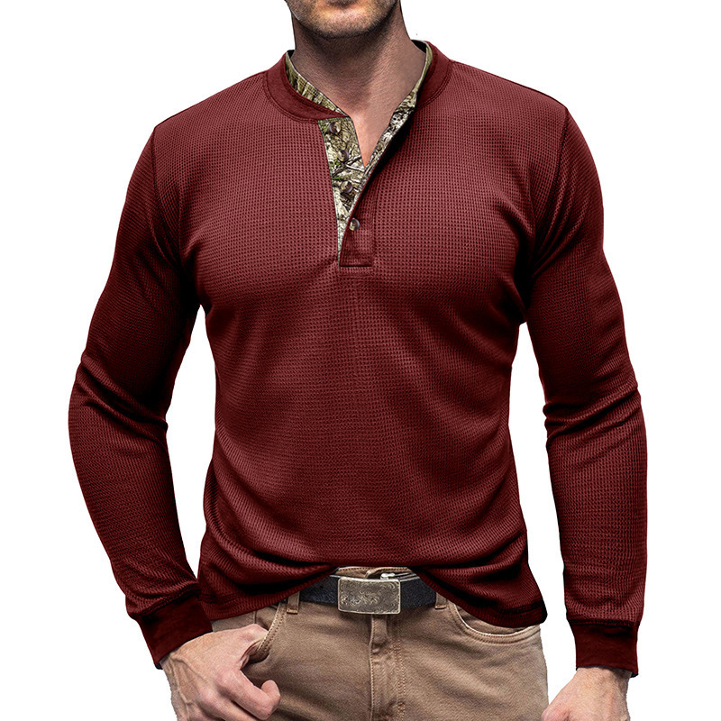 Mens long sleeved outdoor bottoming shirt Mens Henry T-shirt Waffle round neck top