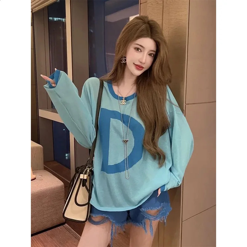 Womens SpringSummer Korean Fashion Printed Colorful Oneck Clothing Pulling Simple Trend Long Sleeve Top 250407