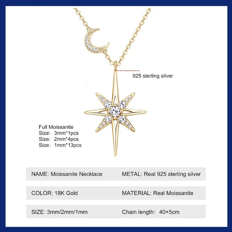 925 Silver Full Necklace for Women 18K Gold Plated Star Moon Pendant Necklace Choker Chain Fine Jewelry Gifts 250411