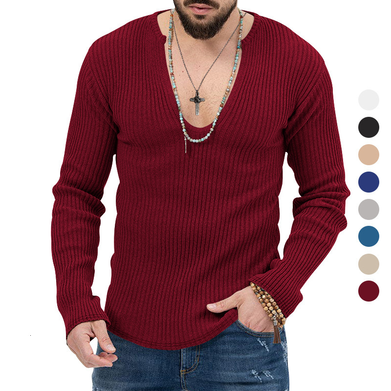 Men's clothing 2025 autumn and winter new sweater knitted solid color slim fit V-neck men's long sleeved T-shirt