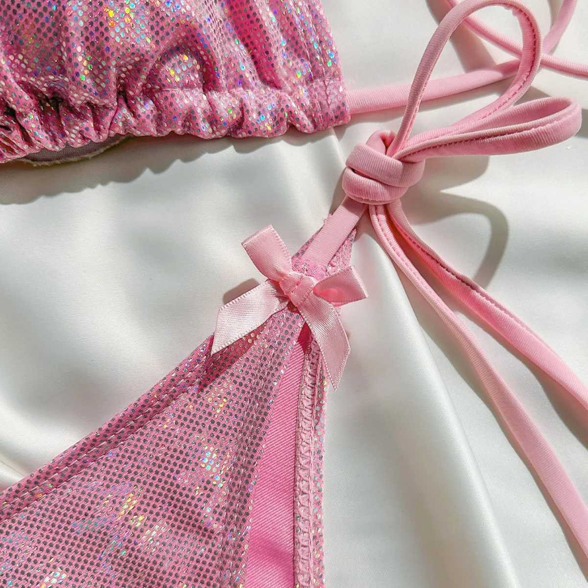 Shiny Pink Micro Bikini Set 2025 Mujer Women Sexy Push Up Thong Swimsuit Summer Bathing Suit Bandage Holiday Swimwear WomenW251113