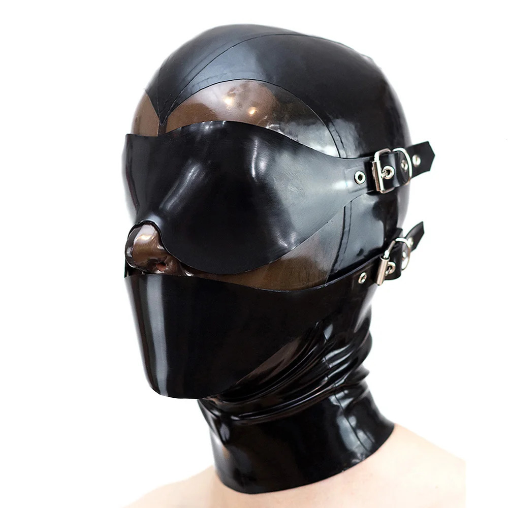 Latex Mask Rubber Hood Cosplay Headgear with Detachable Blindfold and Mouthfold Back Zip Handmade S-LM314 250410