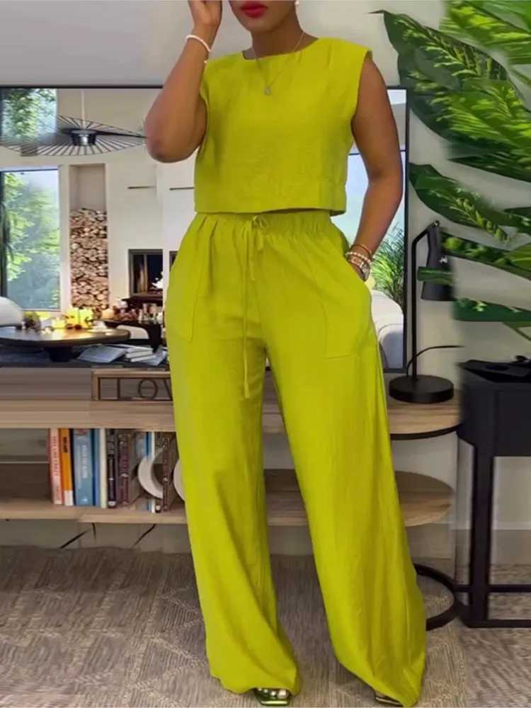 Pants set two-piece set suitable for women casual sleeveless short top wide leg pants fashionable solid set Ele Office womens set summerXJ250414