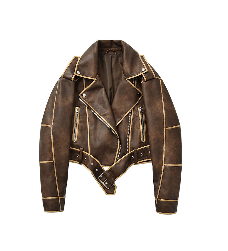 American Retro Style Brown Leather Jacket for Women - Fall Cotton Moto Lapel Couples Coat