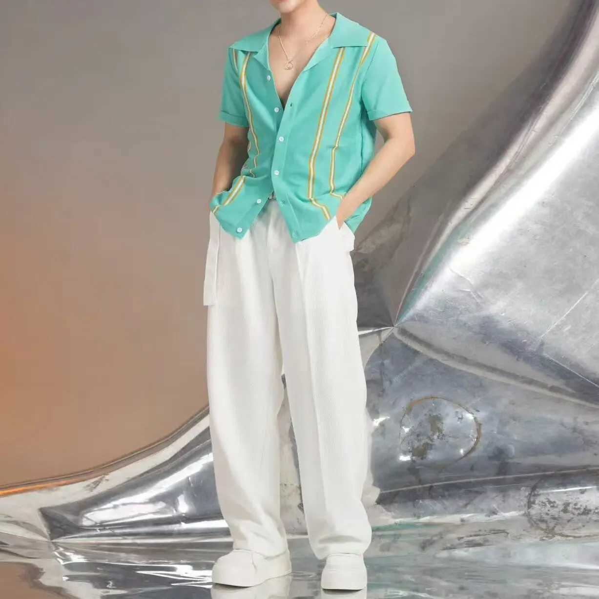 Summer 2025 Cuban collar retro striped polo shirt mens flip collar knitted ice silk short sleeved casual business T-shirt W250414