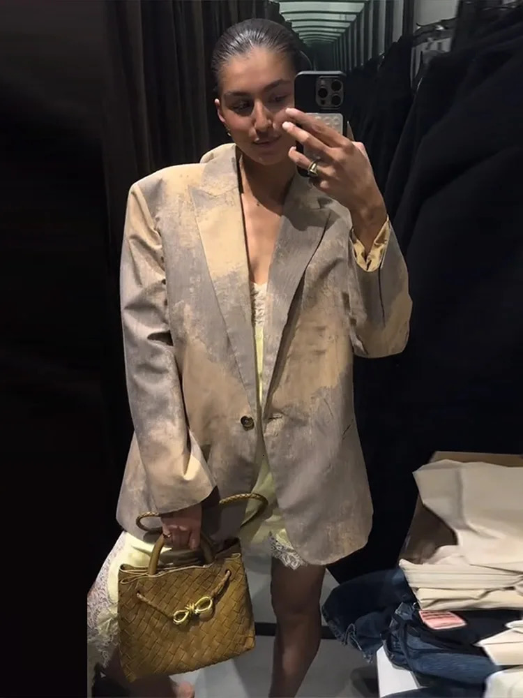 Retro printed lapel suit jacket for women fashionable street loose single button spring casual 250414Z