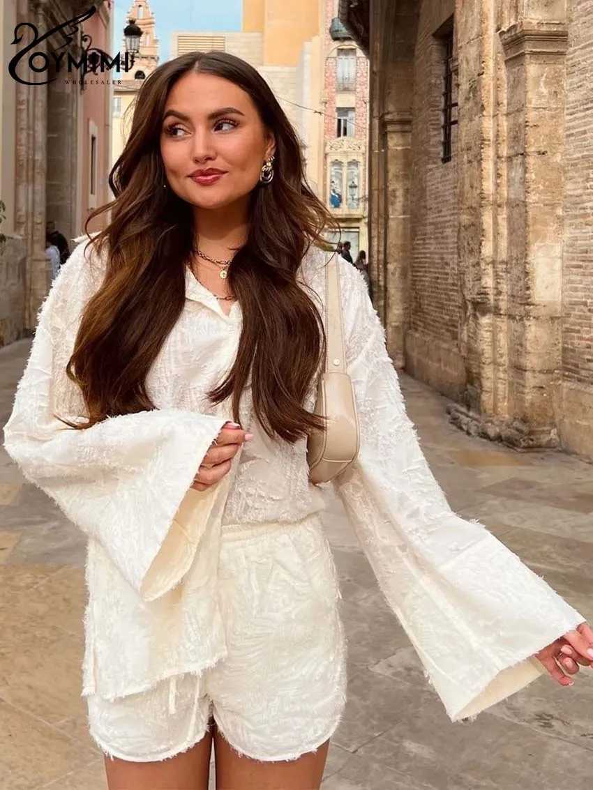 Oymimi Ele Yellow Feather Womens 2-piece Fashion Long Sve Button Shirt and Drstring Shorts SetXJ250414