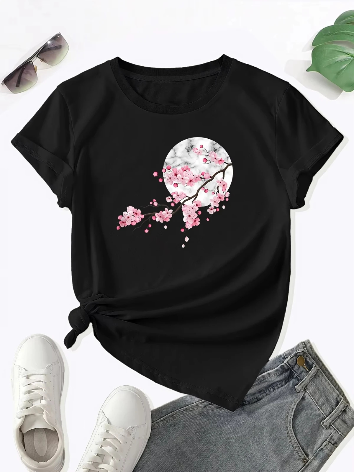 Sakura Moon Summer Casual Short Sleeve Round Neck Comfortable Womens Printed T-shirt 250410