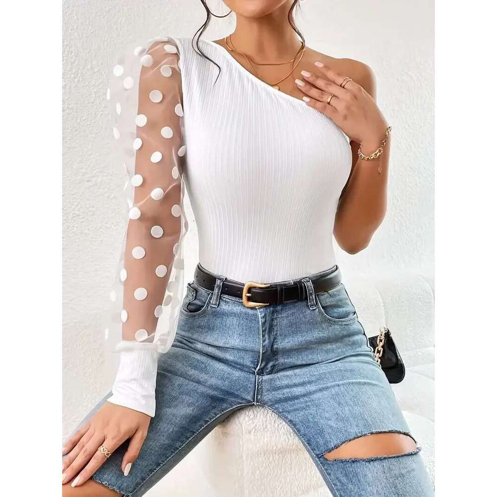 Spring and Autumn hot fashion polka dot mesh ing long sleeve solid color single shoulder shirt T-shirt women