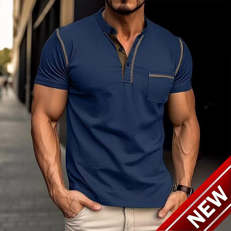 2024 Summer Mens Short sleeved Mens T-shirt Mens Henry Shirt Color Block T-shirt Mens