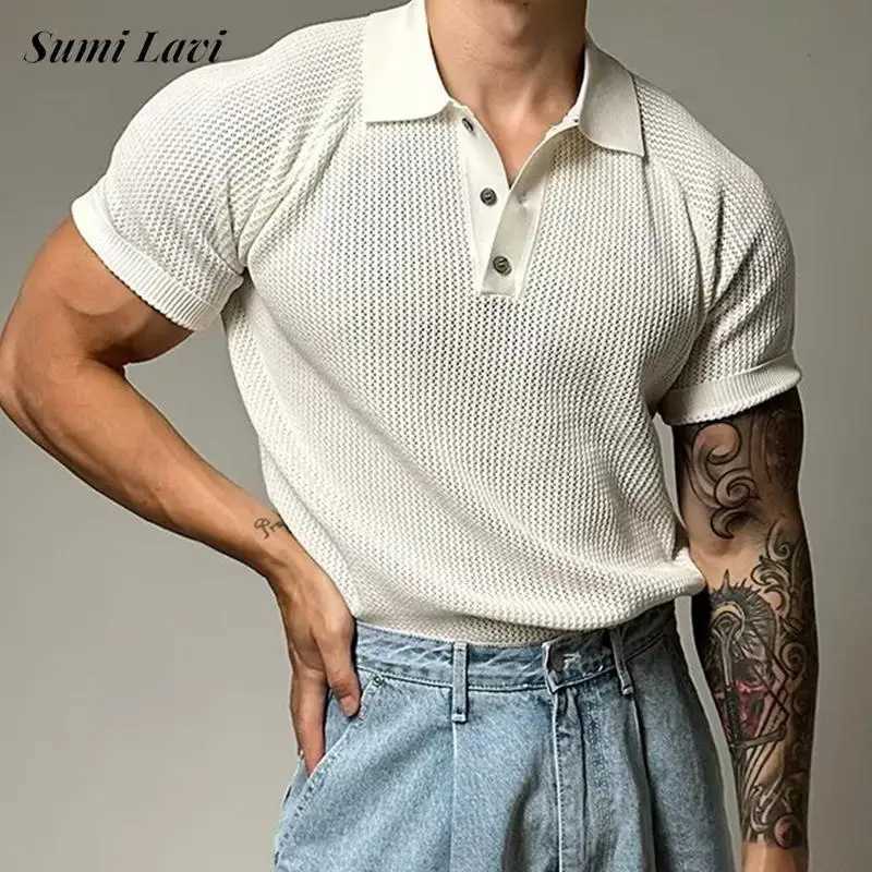 Fashionable mens ultra-thin polo shirt spring and summer casual solid color waffle style short sleeved polo shirt mens fashionable button polo neck sh