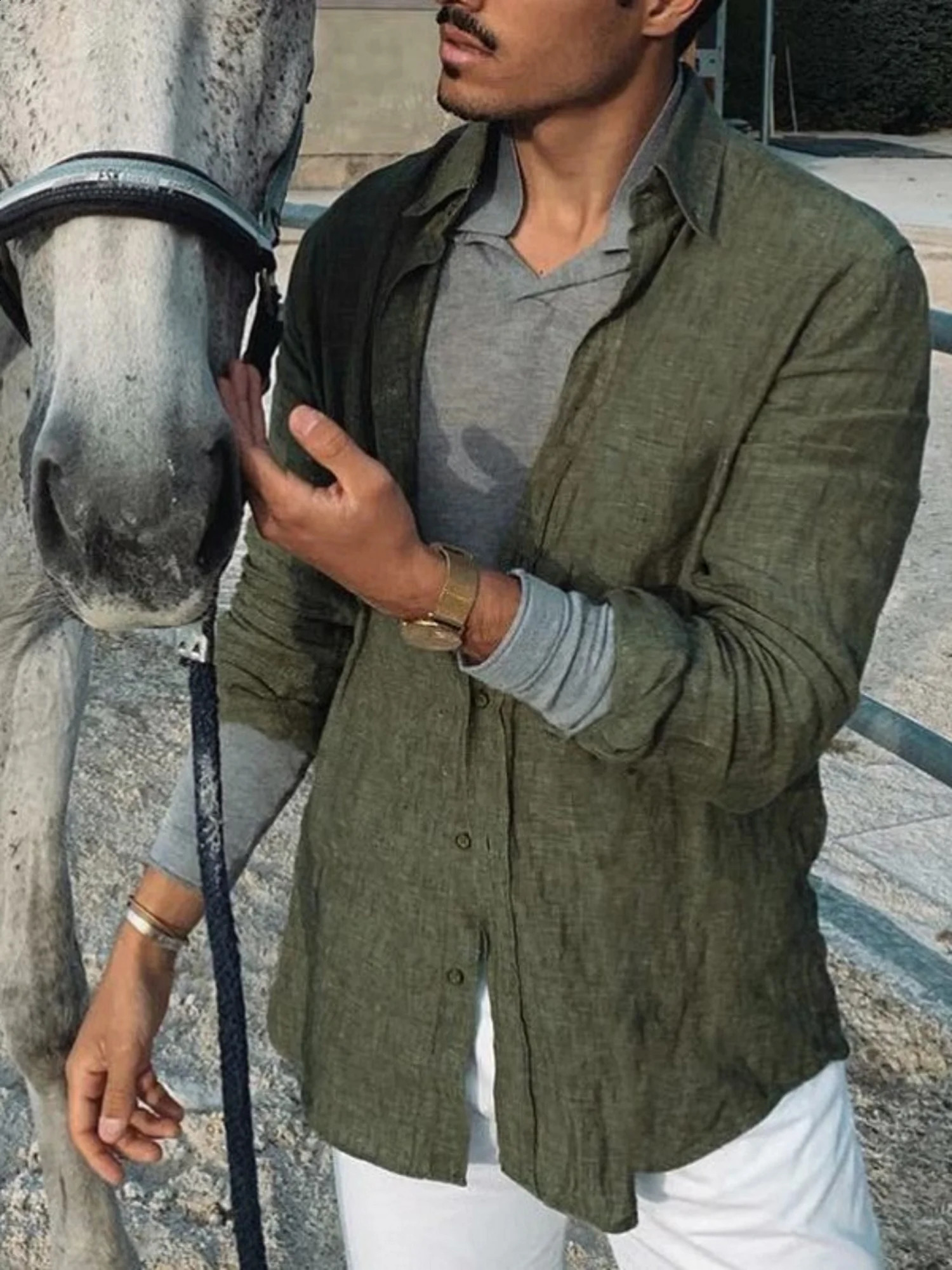 Mens casual fashion solid color thin long-sleeved shirt lapel cardigan suitable for outdoor activities 250411