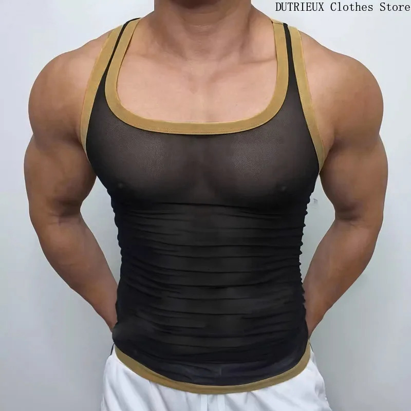Sexy mesh see through ultra-thin mens vest summer sports and fitness tight fitting mens vest deep U-neck muscle mens vest 250414