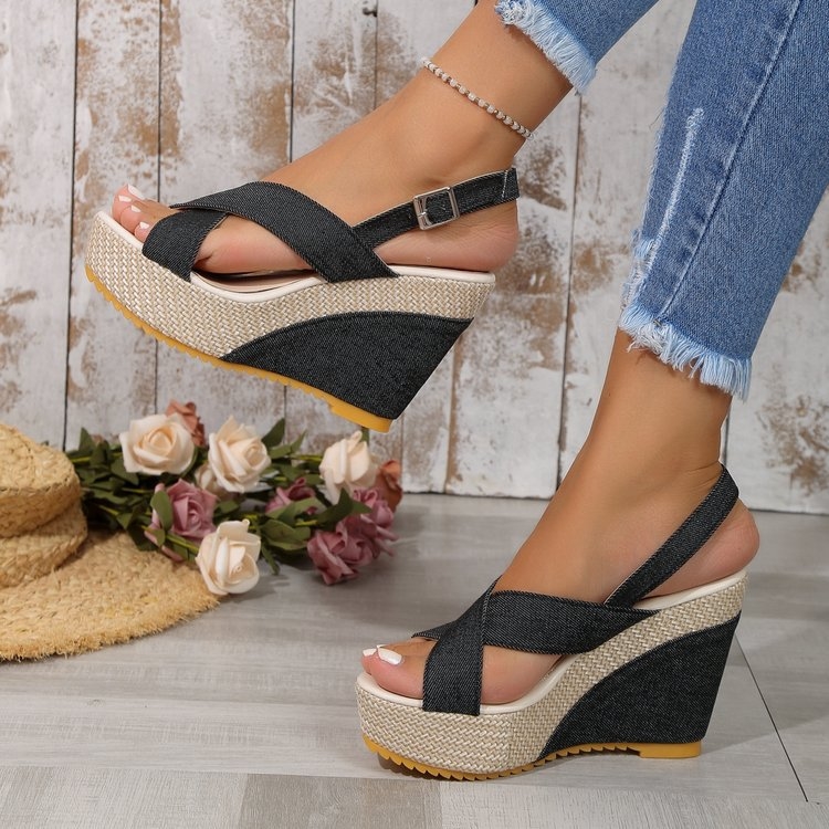 Free shipping Designer new fashion wedge sandals muffin thick sole girl denim cross strap beach slippers Blue Black 35-42
