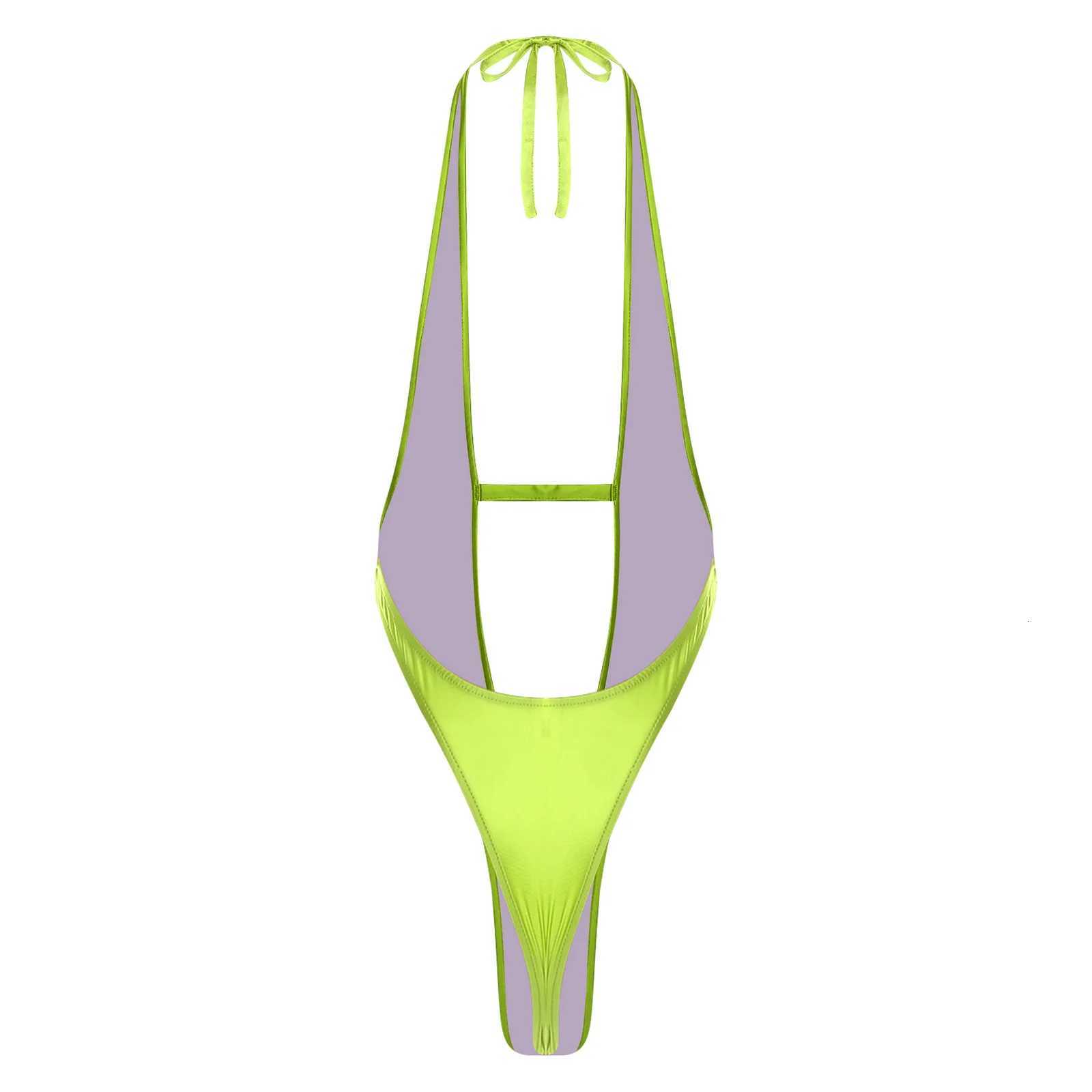 Womens Satin Mankini Swimwear Pool Party Swimsuit Halter Plunging V Neck Backless Sling Shot Bodysuit One Piece Bathing SuitW251113