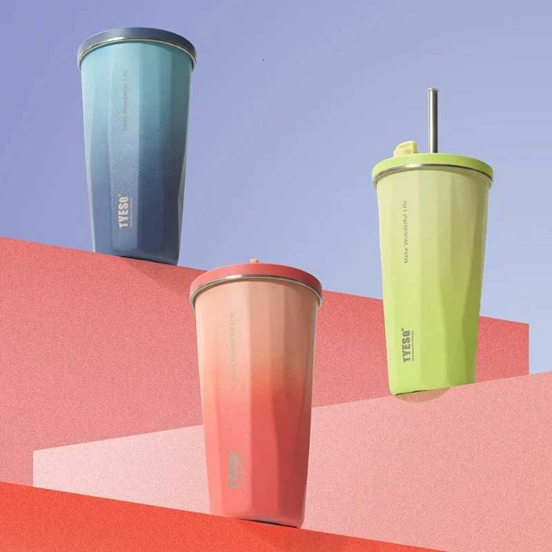 TYESO 600ml Thermos Water Bottle Stainless Steel Coffee Cup with Straw Gradient Keeps Cold and Heat Insulated Car Thermos Mug C251114
