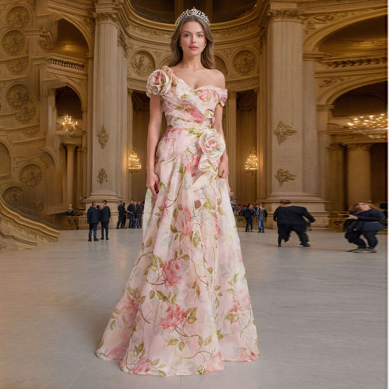 Designer Mingyuan Spring 2025 V-Neck Long Dress for Women - Floral Print with Three-Dimensional Detailing