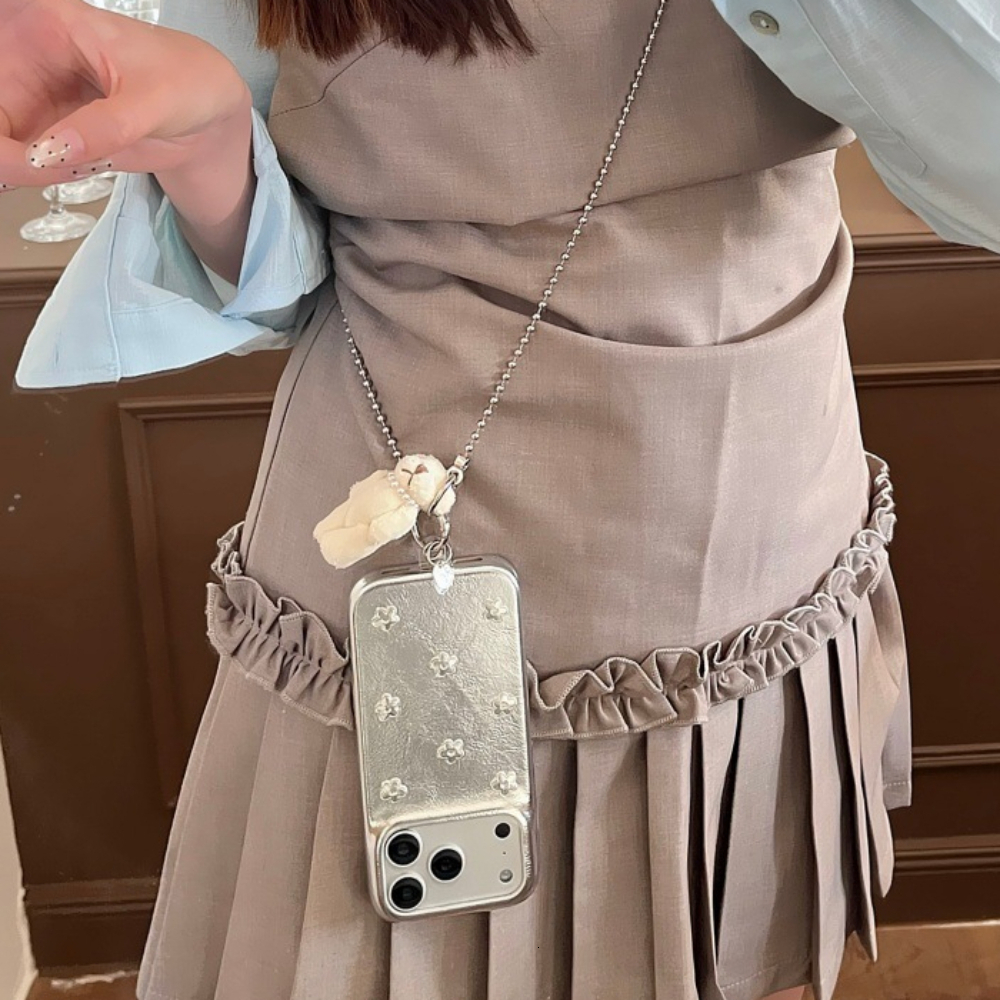Leather Silver Flower Phone Case Compatible with iPhone 17/16 Pro Max Cartoon Bear Chain Case iPhone 15/14
