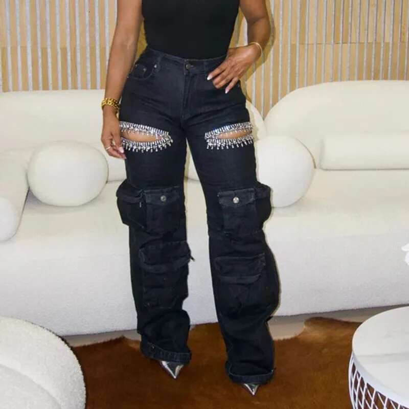 DEAT Fashion Women's Hollowed Out Dia Denim Cargo Pants High Waist Multiple Pockets Elastic Jeans Female 2025 Autumn New