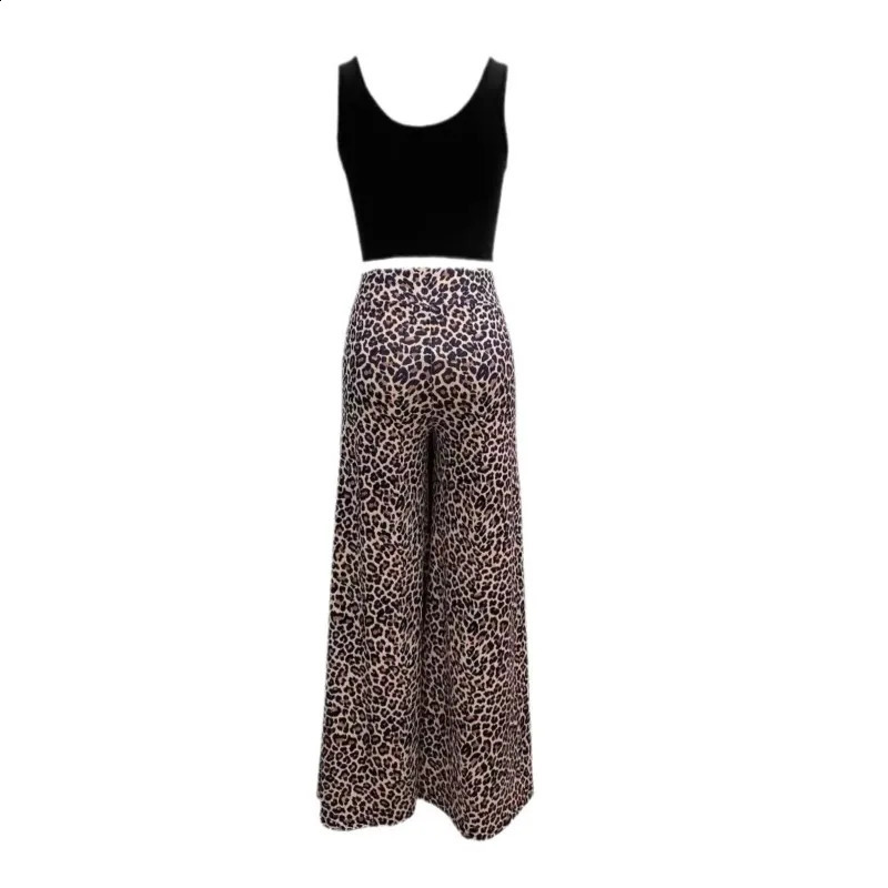 Women Two Piece Sets Outfits 2024 Summer Fashion Square Neck Sleeveless Crop Tank Top Leopard Print Pocket Wide Leg Pants Set 250414
