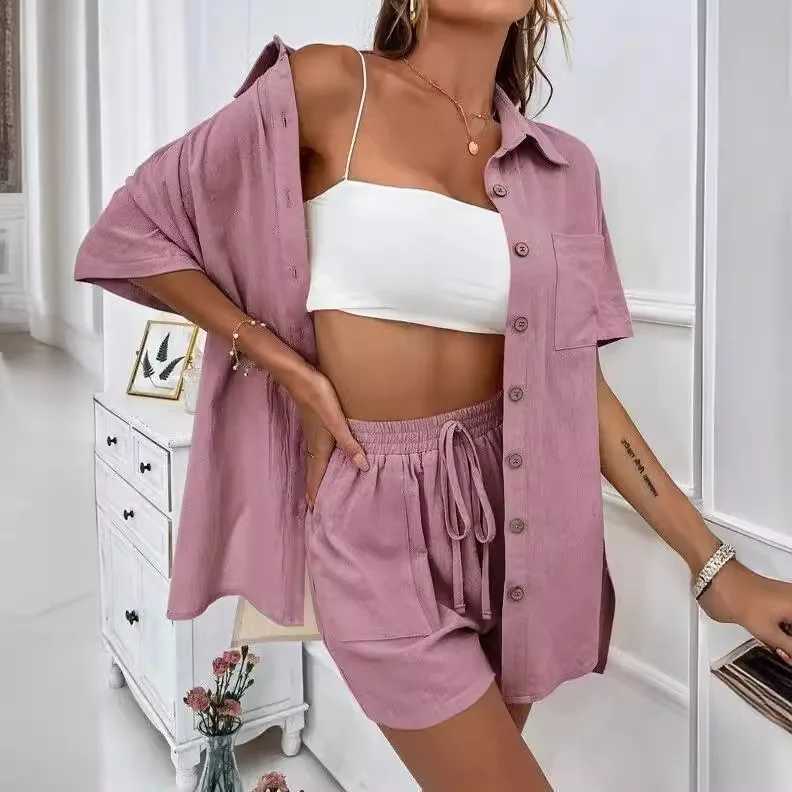 Solid color single chest casual loose shorts set womens summer womens 2-piece set full set Fe setXJ250414