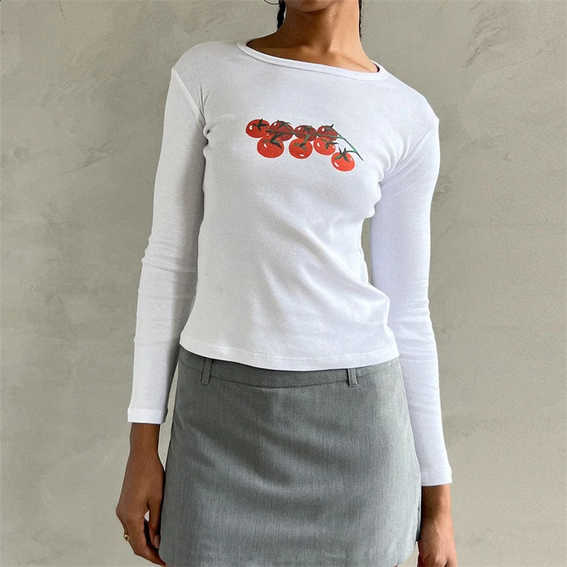 Xingqing y2k crop top 2000s womens graphic cherry/cake print round neck long sleeved T-shirt aesthetic clothing white streetwear 250410