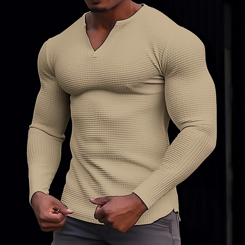 2025 Mens Waffle V-neck T-shirt Top for Vacation Long Sleeve Casual Fashion