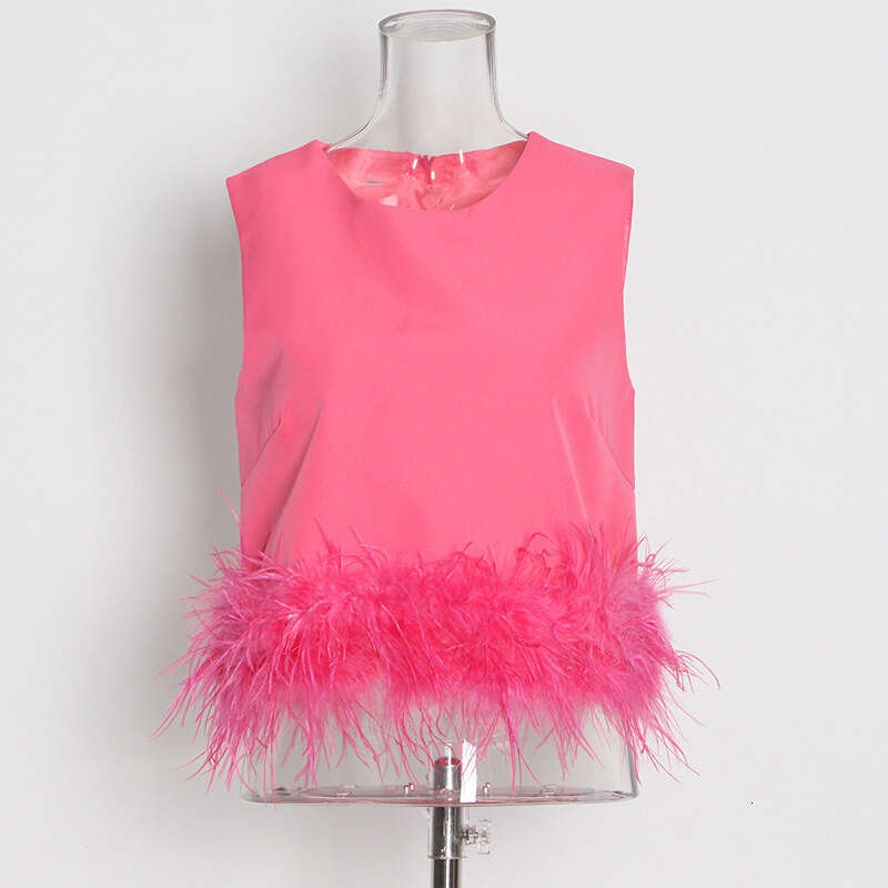 Designer Chic Solid Color Sleeveless Vest for Women - Sleek Spliced Ostrich Fur, Casual Wear