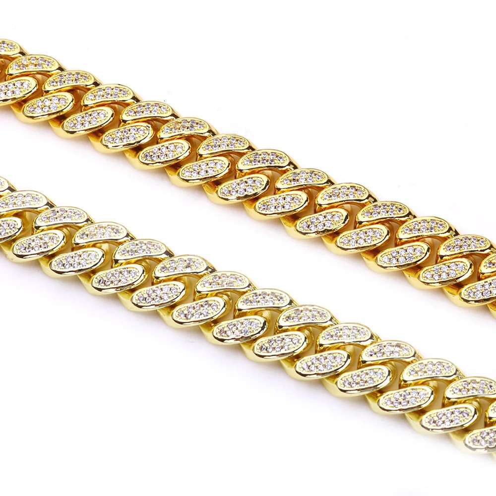 Hip Hop 14k Gold Plated Bling Iced Cuban Chain Jewelry Cadena Hombre 12mm 2 Rows Diamond 18k Gold Color Cuban Necklace