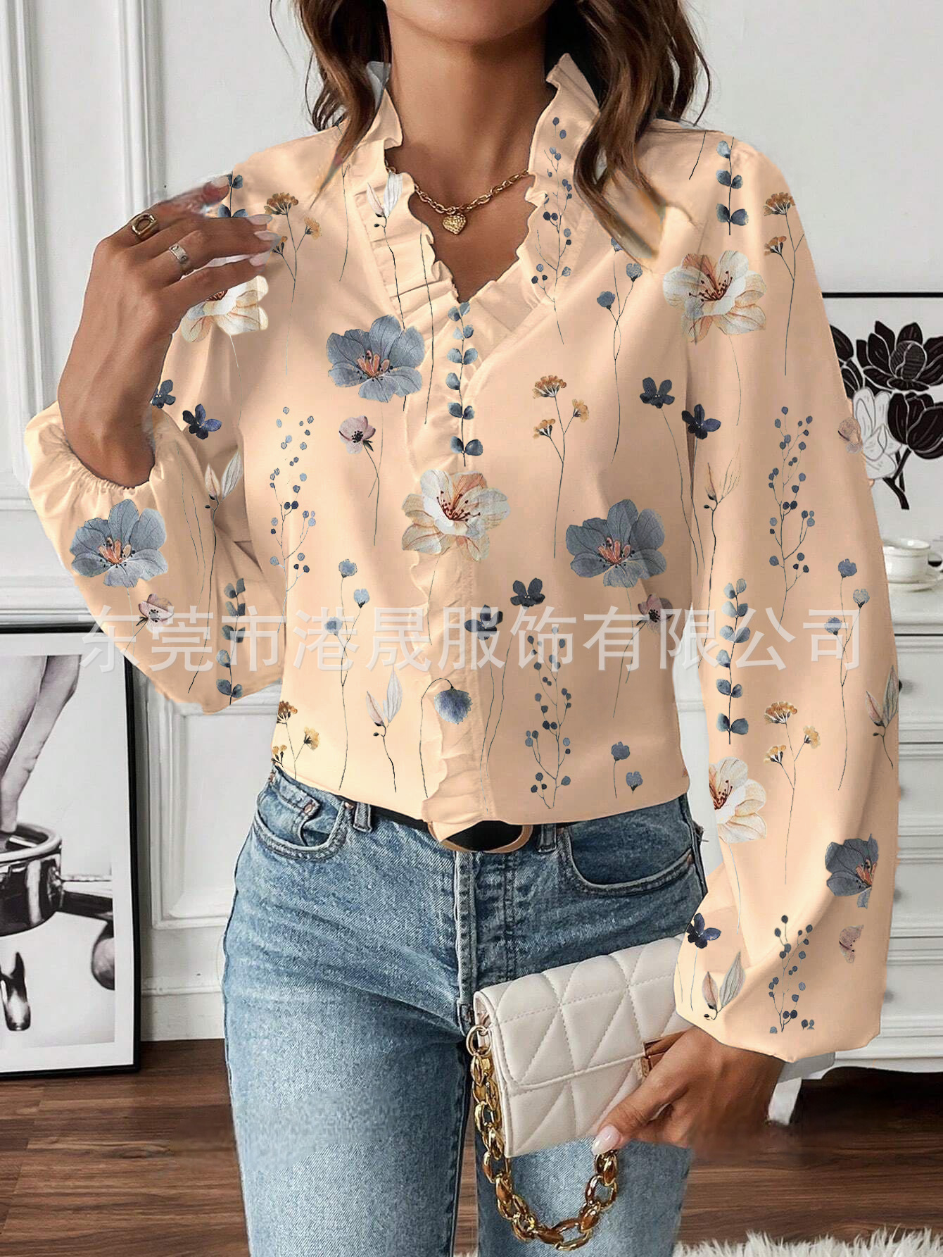 Spring and Autumn Temu women's long sleeved shirt with ruffled V-neck printed temperament commuter top