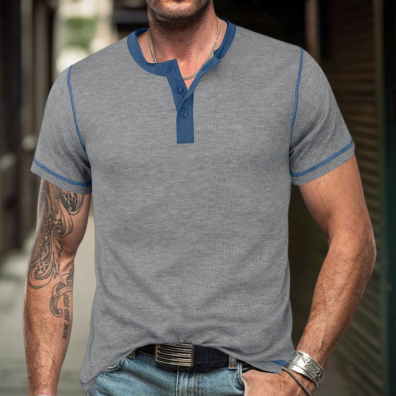 Ins2024 Summer Mens Henleys Shirt Short Sleeve T-shirt Mens American Waffle Color blocked Henleys