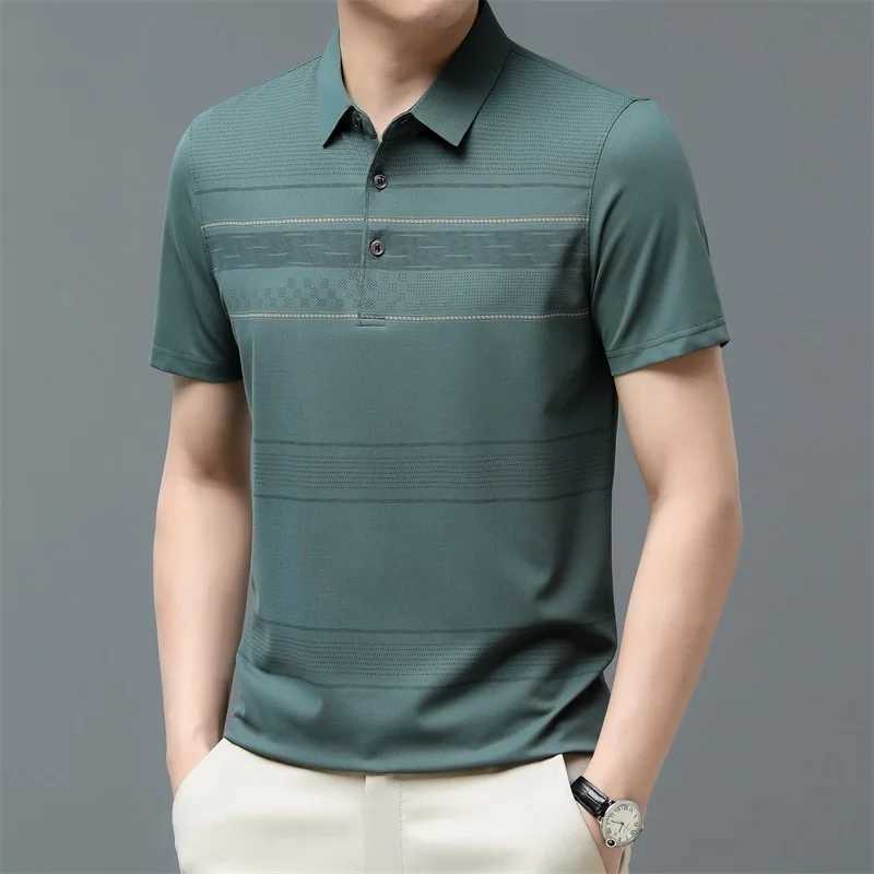 Mens short sleeved summer new striped ice silk lapel T-shirt polo commercial striped button casual top W250414