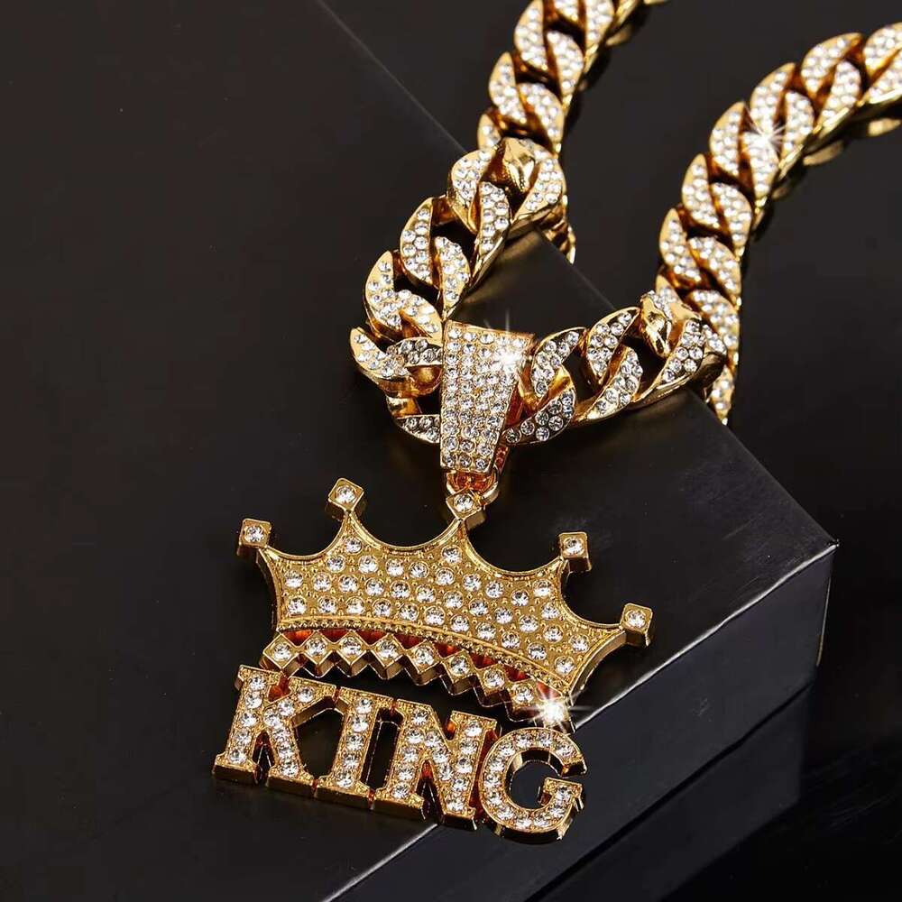 DHcollections Unisex 15mm Miami Chain with CZ Rhie Crown King Pendant Necklace for Parties and Holidays