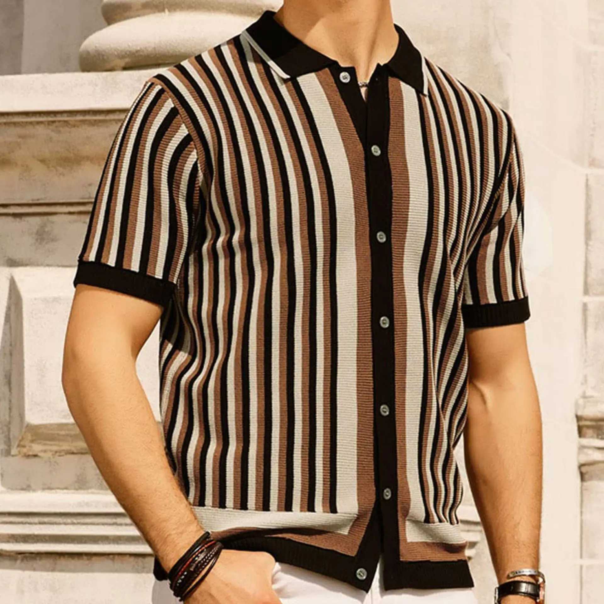 High quality mens striped sweaters from Europe and the United States cold silk knitted high-end business casual polo shirts W250414