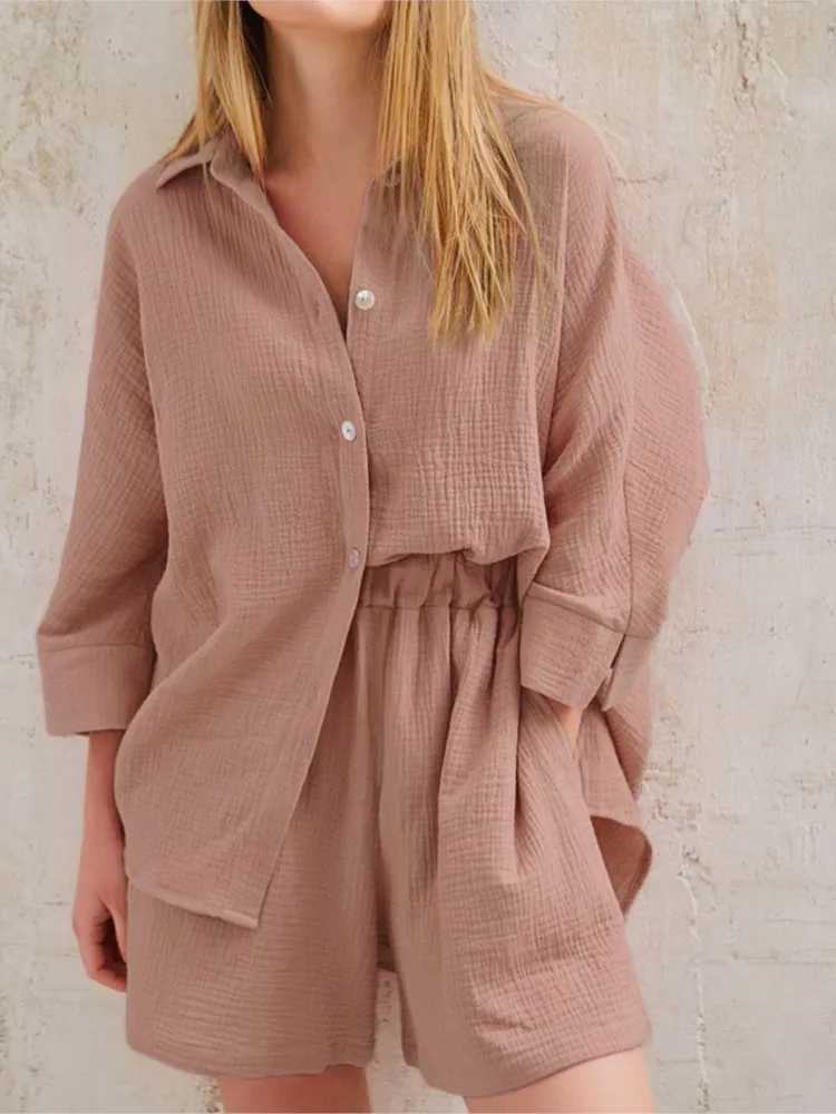 Womens summer outfit new pure cotton warm city casual solid color long sleeved short sleeved shirt set two-piece setXJ250414