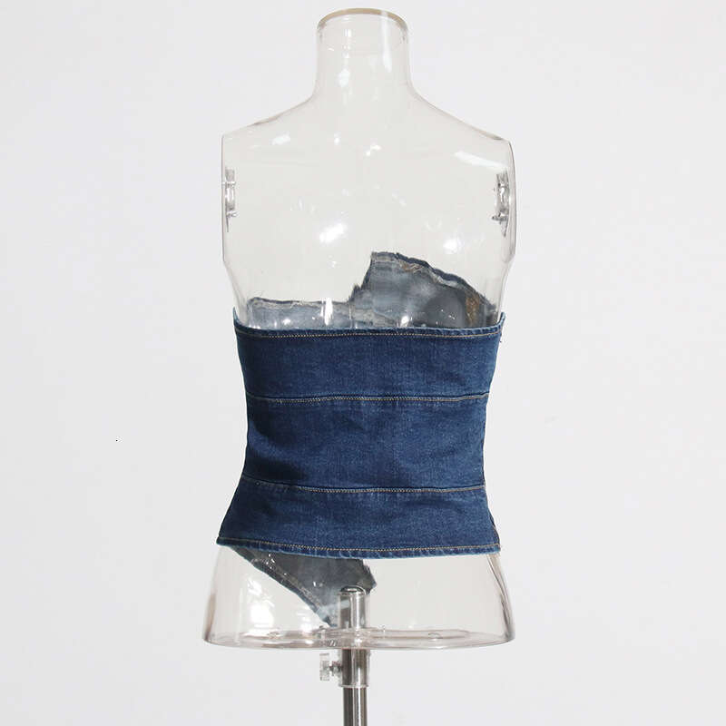 Designer Women's Summer Spliced Denim Strapless Vest with Rivets - High-End Short Slim Fit