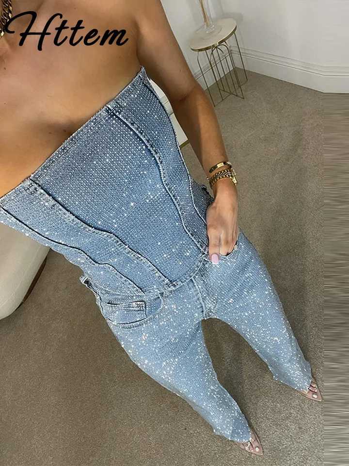 Sexy sequined denim vest and pants set for womens solid non velvet tube crop top high waisted zipper jeans 2025 fashion street womens party setXJ25041