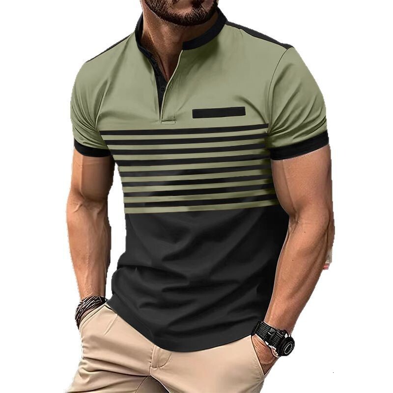 New contrasting striped short sleeved men's casual POLO shirt V-neck button top for men